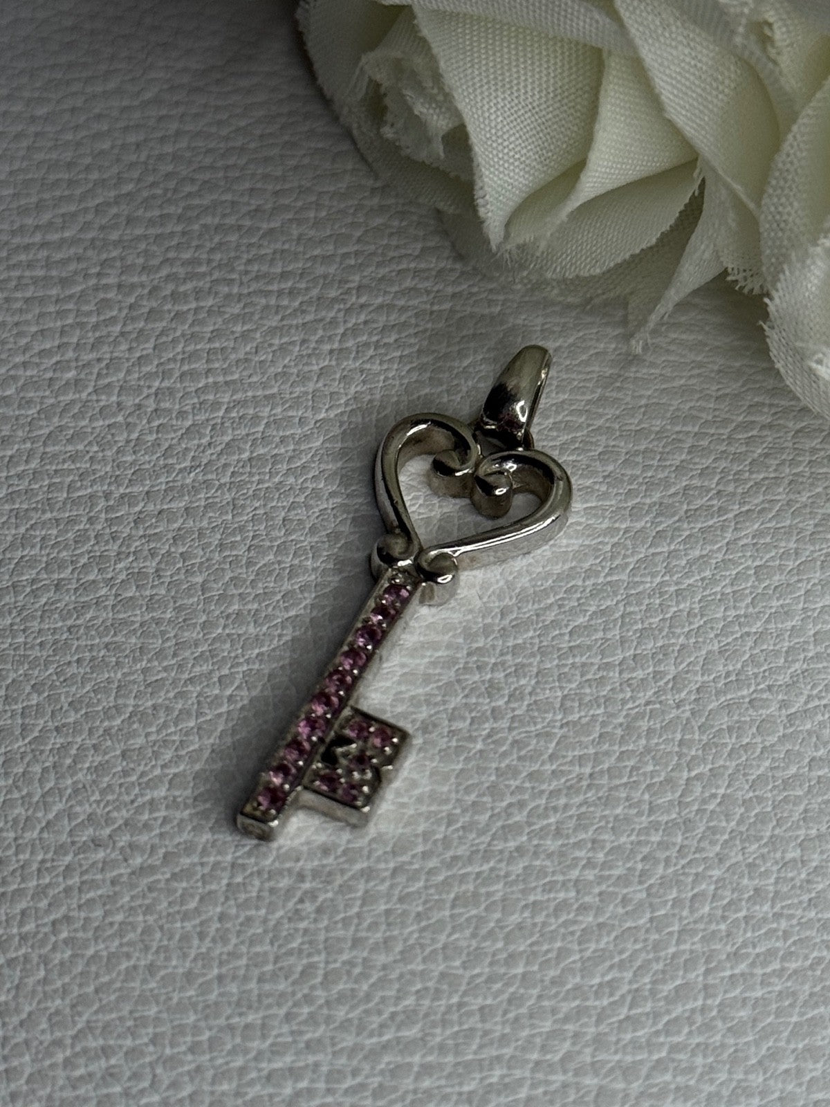 925 Sterling Silver Pink Topaz Key Heart Pendant Length 1.60 Inch