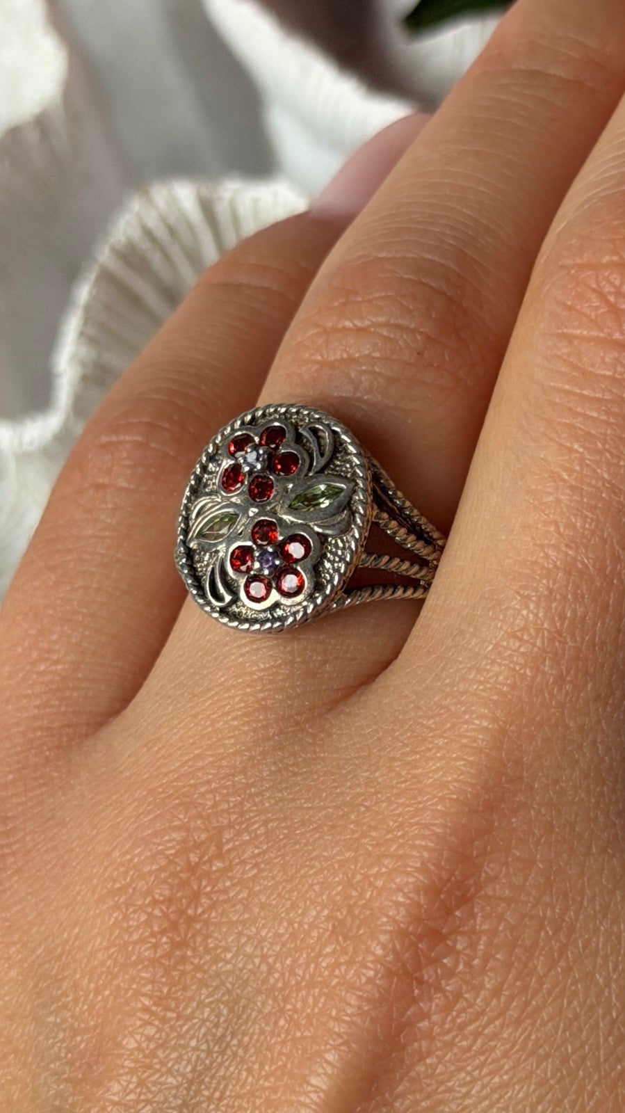 925 Sterling Silver Garnet Amethyst Peridot Ring Size 7