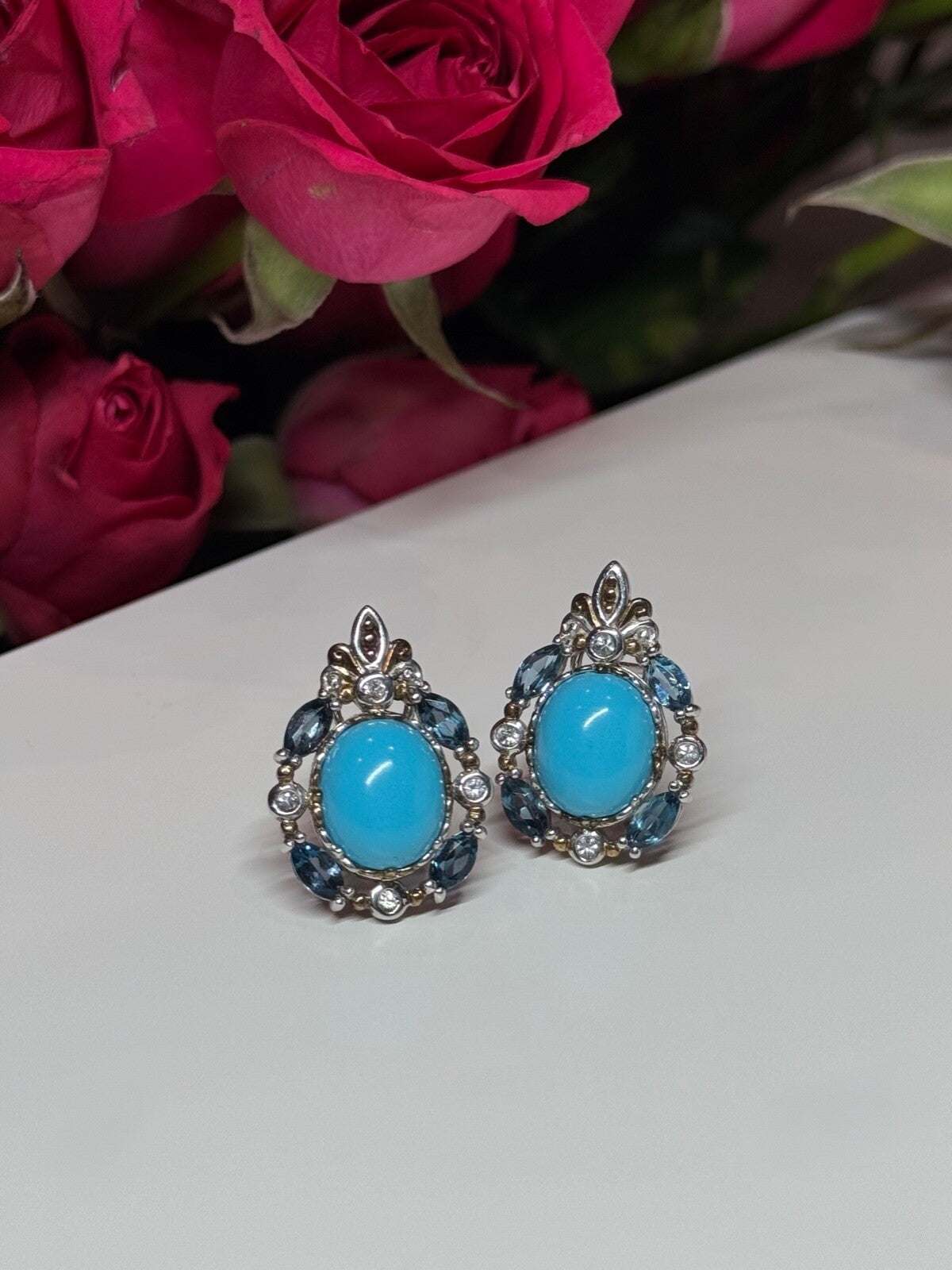 925 Sterling Silver Turquoise, Aquamarine & Beryl Earrings Length 1 Inch