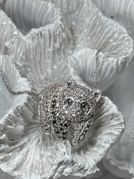 925 Sterling Silver CZ "Panda" Necklace Length 18 In