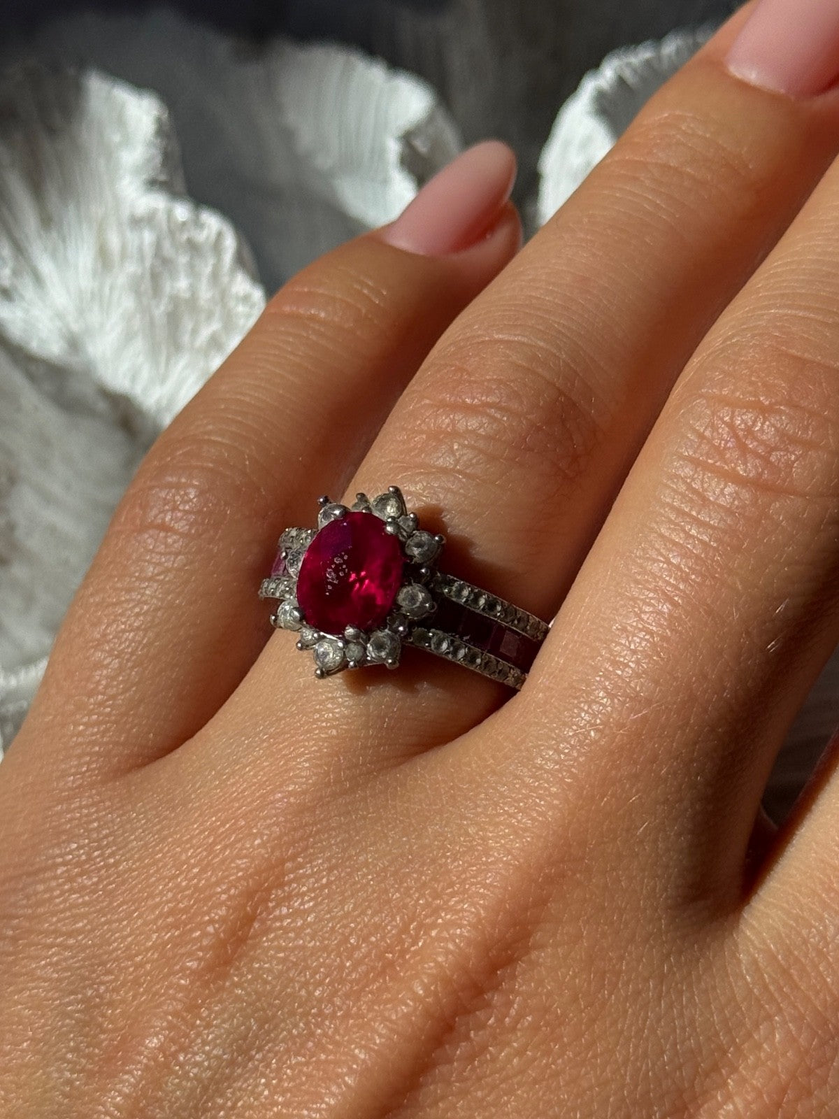 925 Sterling Silver Ruby & Beryl Flower Ring Size 7