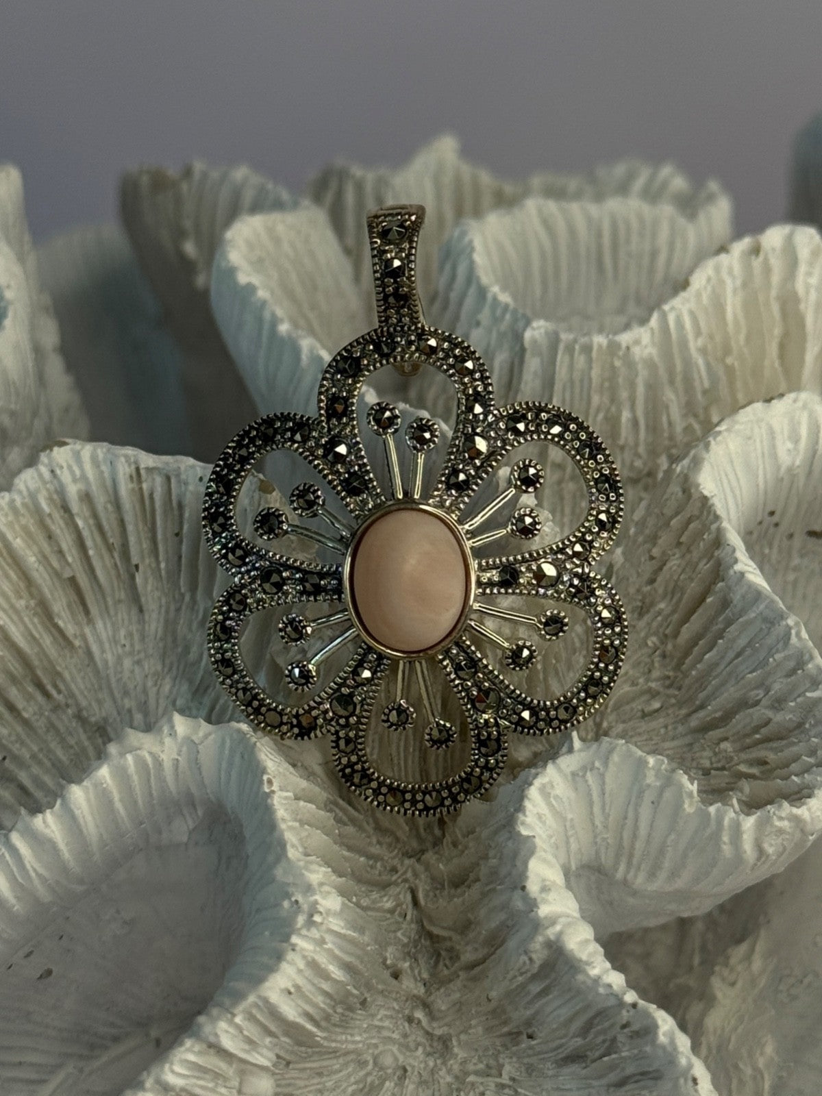 925 Sterling Silver Pink Agate & Marcasite Flower Pendant Length 1.75 Inch