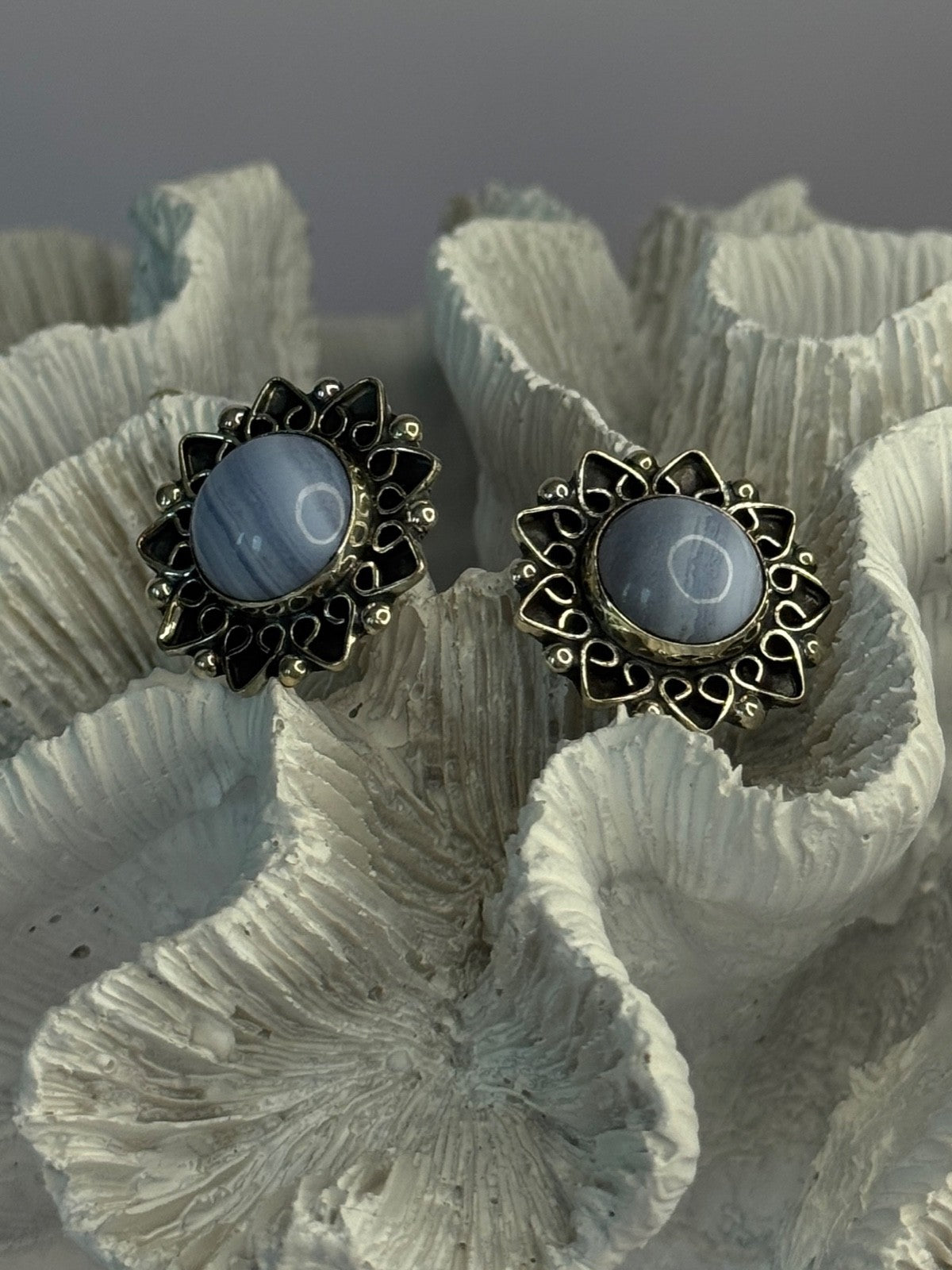 925 Sterling Silver Blue Agate Sun Earrings Length 0.90 Inch