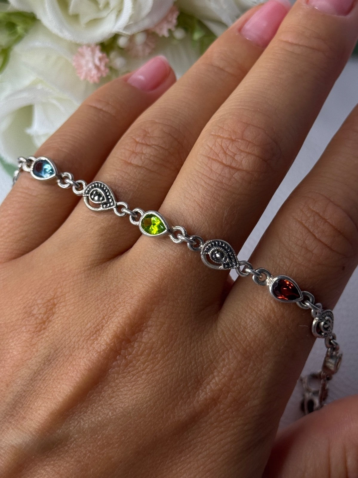 925 Sterling Silver Amethyst Citrine Garnet Peridot Topaz Bracelet Length 7.5 In