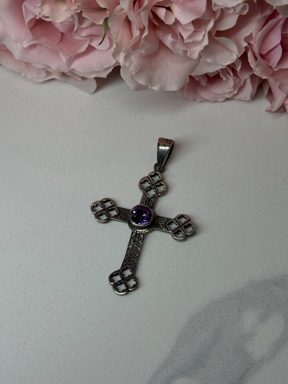 925 Sterling Silver Amethyst Cross Length 2.2 In