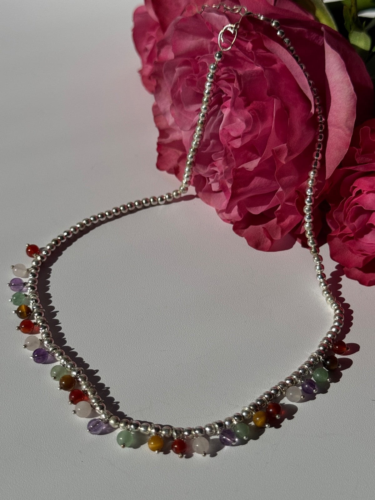 925 Sterling Silver Multi Color Agate Necklace Length 15/18 Inch