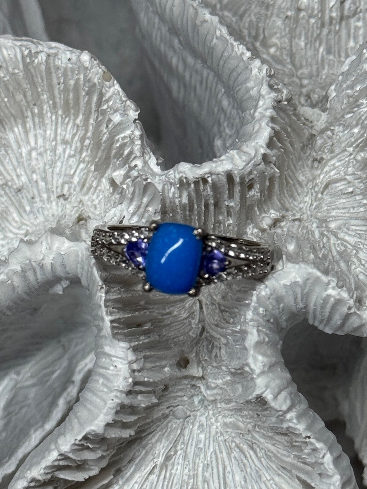 925 Sterling Silver Blue Agate, Tanzanite & Beryl Ring Size 7.5
