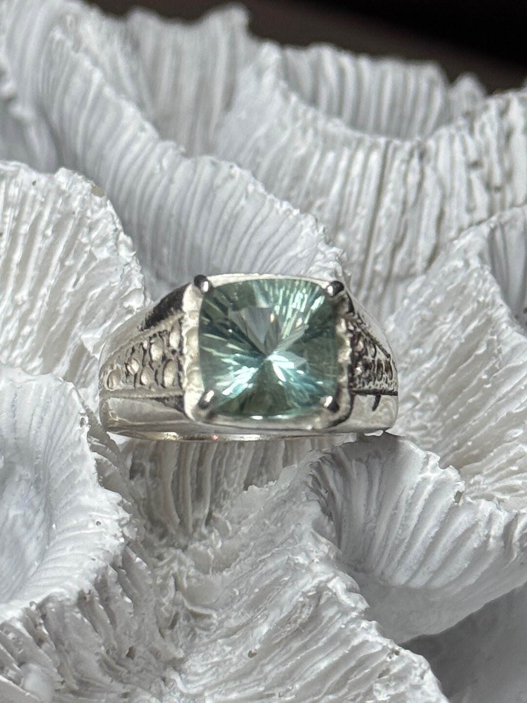 925 Sterling Silver Prasiolite Men'S Ring Size 9