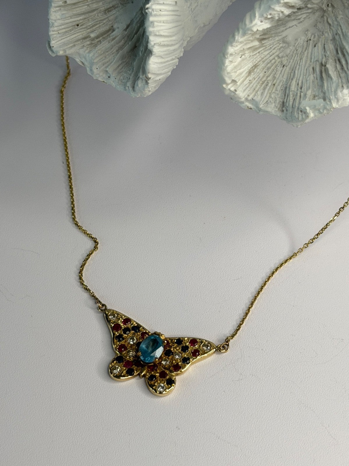 14K Yellow Gold Topaz Ruby Sapphire Diamond Necklace Butterfly