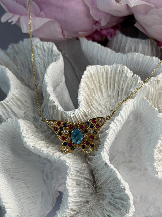 14K Yellow Gold Topaz Ruby Sapphire Diamond Necklace Butterfly