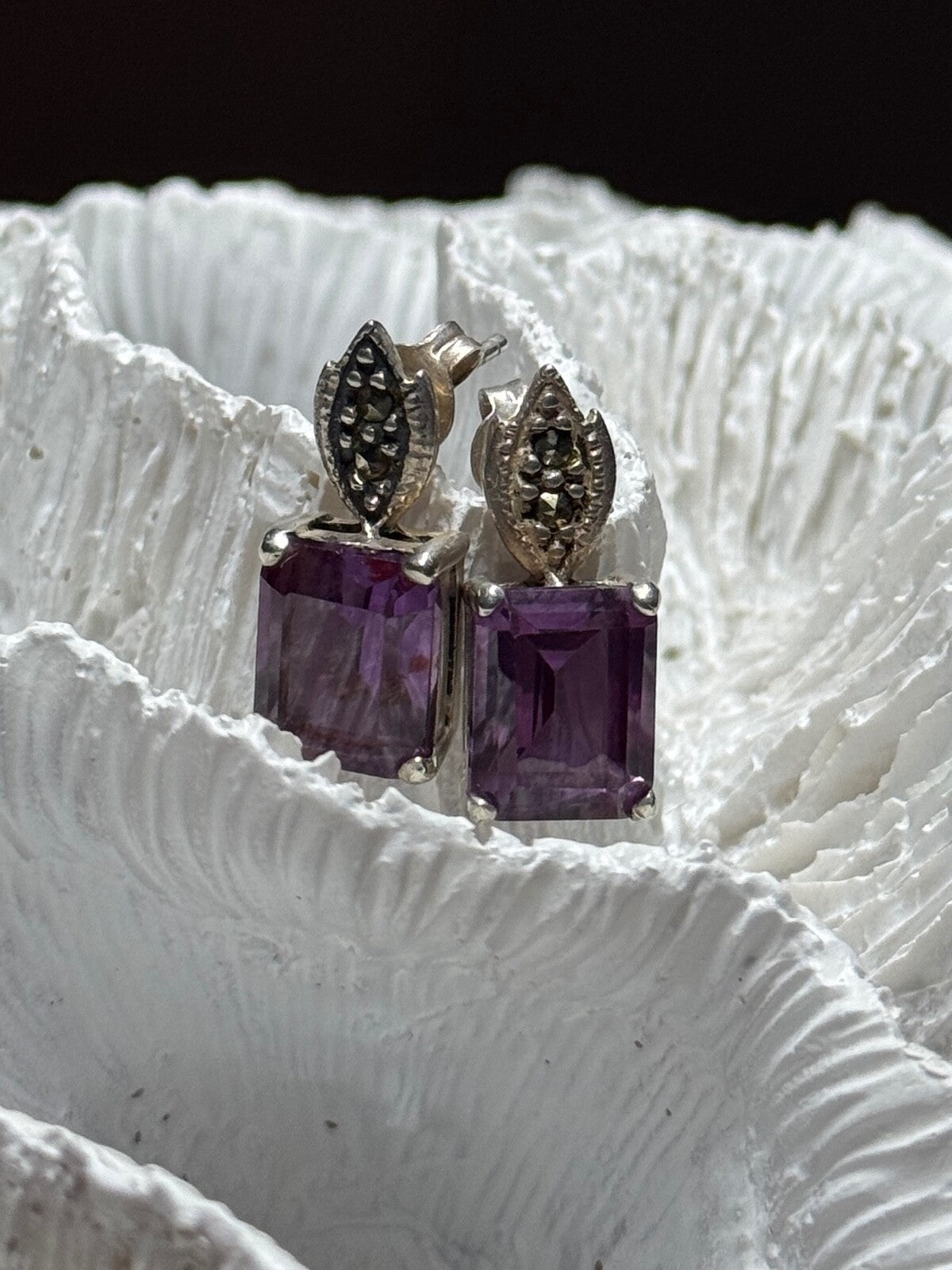 925 Sterling Silver Tourmaline & Marcasite Earrings Length 0.7 Inch