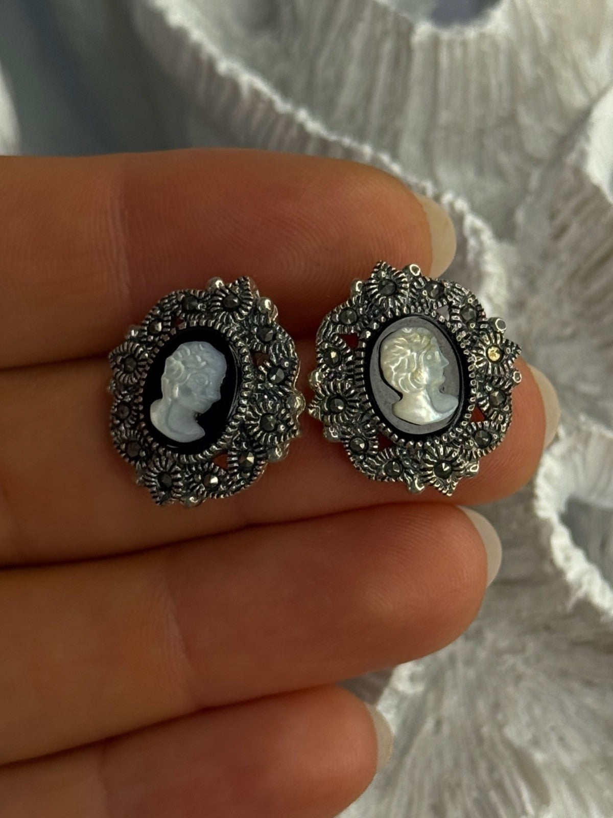925 Sterling Silver Victorian Cameo Carved Shell Marcasite Earrings