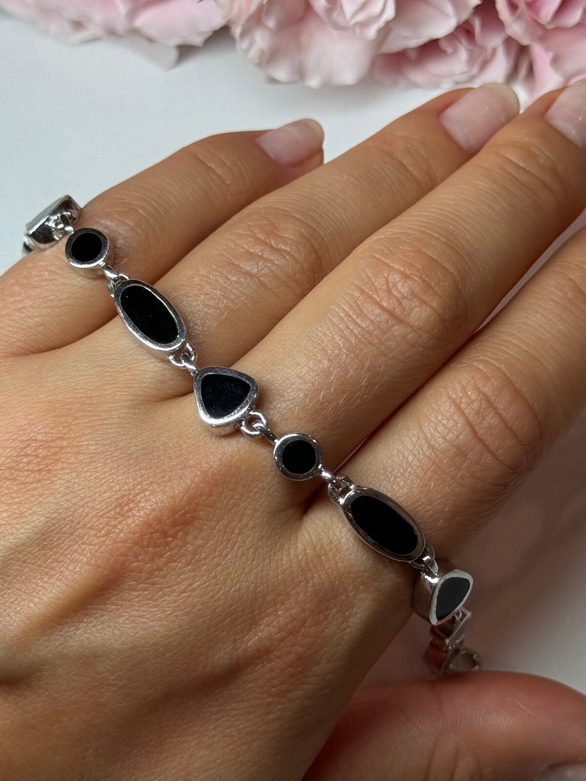 925 Sterling Silver Black Enamel Bracelet Length 7.5 in