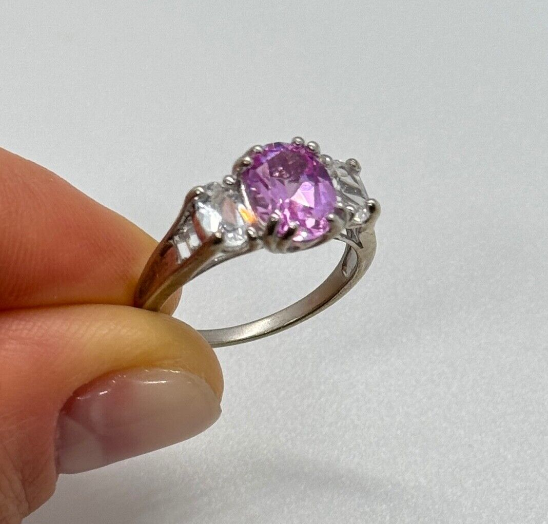 925 Sterling Silver Pink & White Spinel Ring Size 6