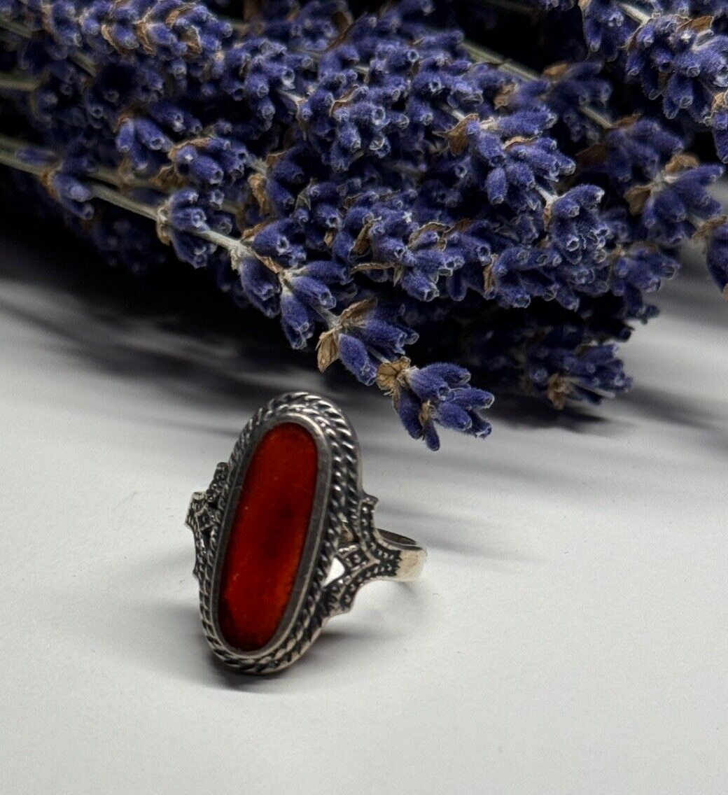 925 Sterling Silver Amber Ring Size 8