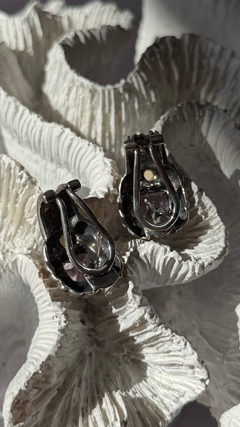 925 Sterling Silver Amethyst & Amber Clip Earrings