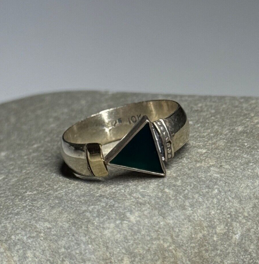 925 Sterling Silver & 10k Yellow Gold Onyx Ring Size 6