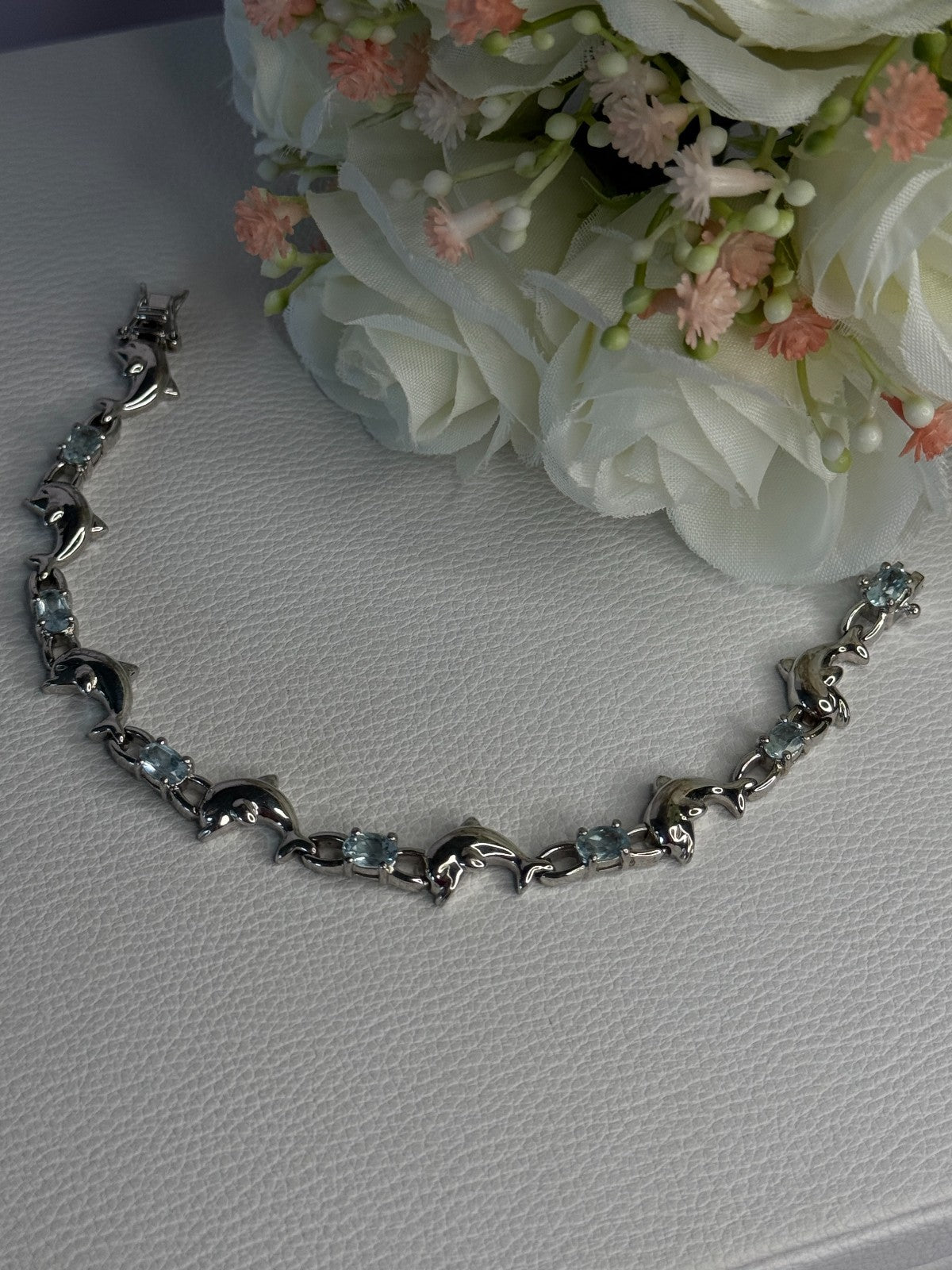 925 Sterling Silver Topaz Dolphin Bracelet Length 7.5