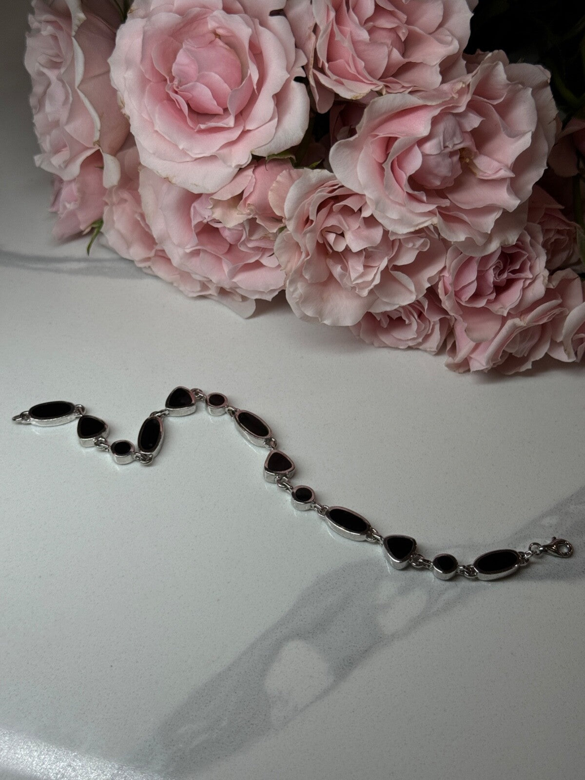 925 Sterling Silver Black Enamel Bracelet Length 7.5 in