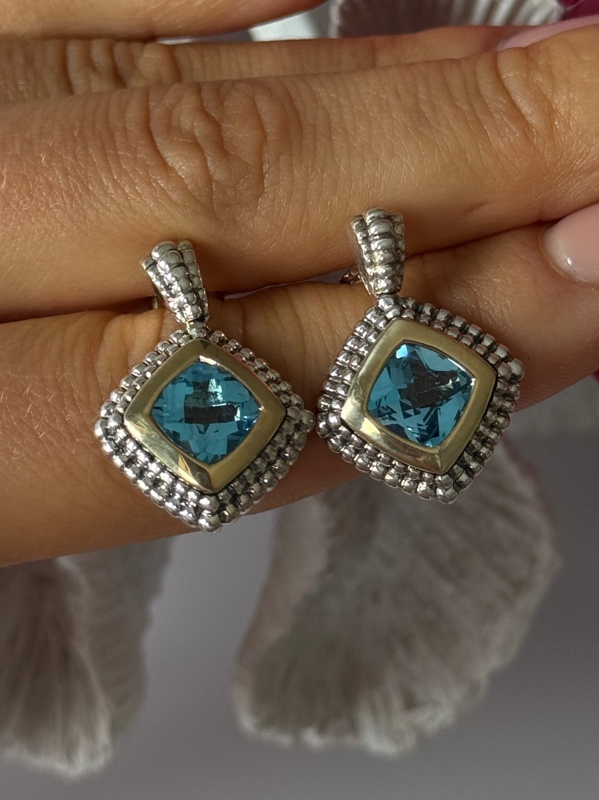 14K Yellow Gold & 925 Sterling Silver Blue Topaz Earrings