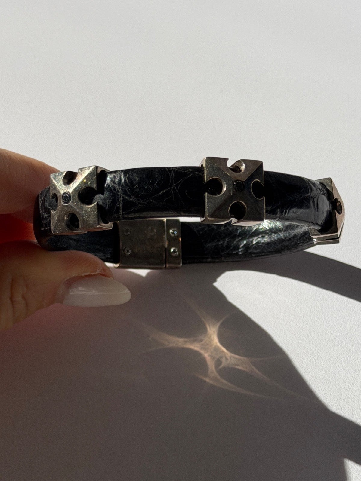 Pat Pend Leather & 925 Sterling Silver Black Agate Bracelet
