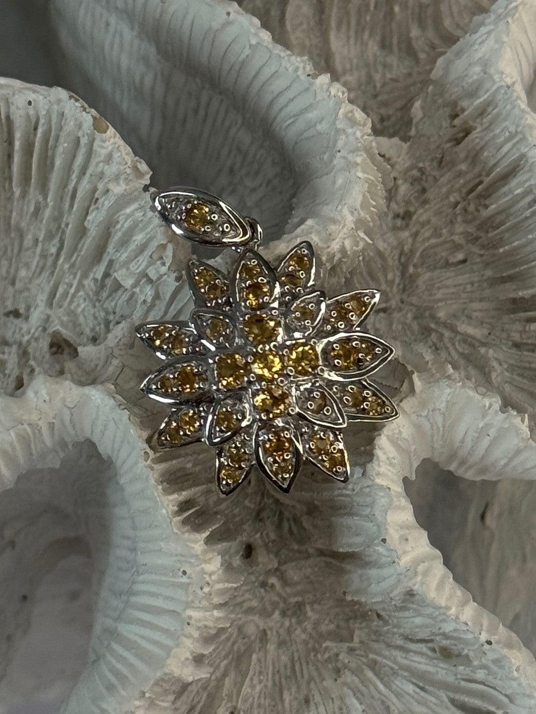 925 Sterling Silver Citrine Flower Pendant Length 1.15 Inch