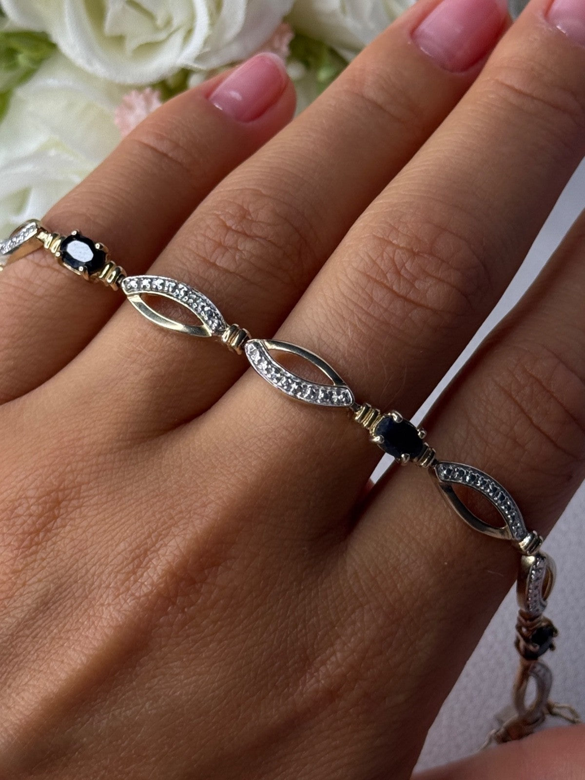 Dl 925 Sterling Silver Gold Plated Sapphire Bracelet Length 7.5 Inch
