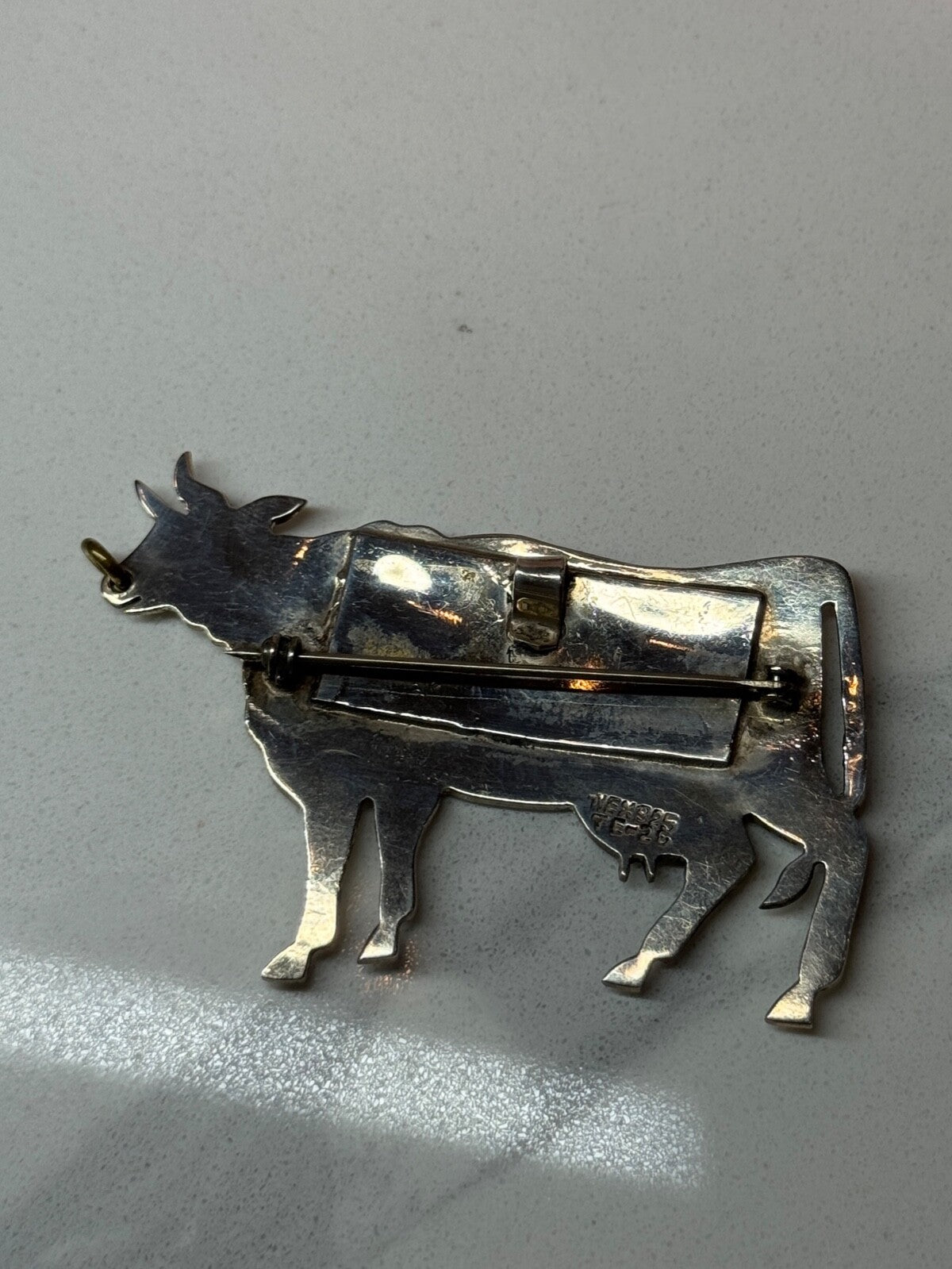 925 Sterling Silver Cow Brooch Length 2.5 In
