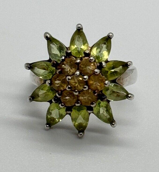 925 Sterling Silver Peridot & Citrine Flower Ring Size 4.5