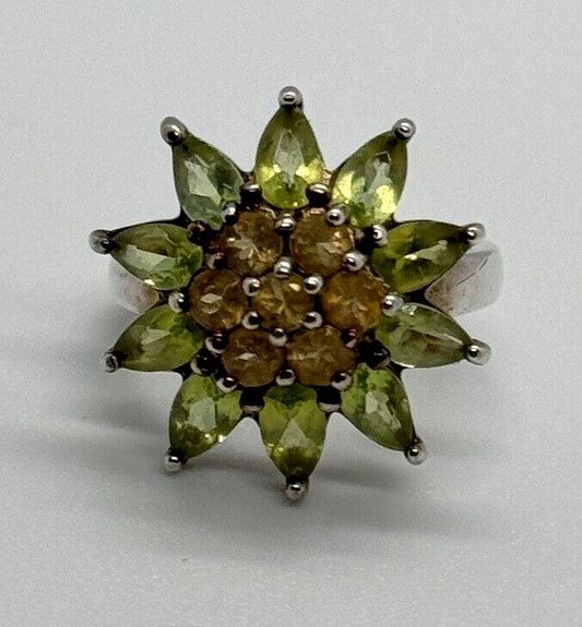 925 Sterling Silver Peridot & Citrine Flower Ring Size 4.5