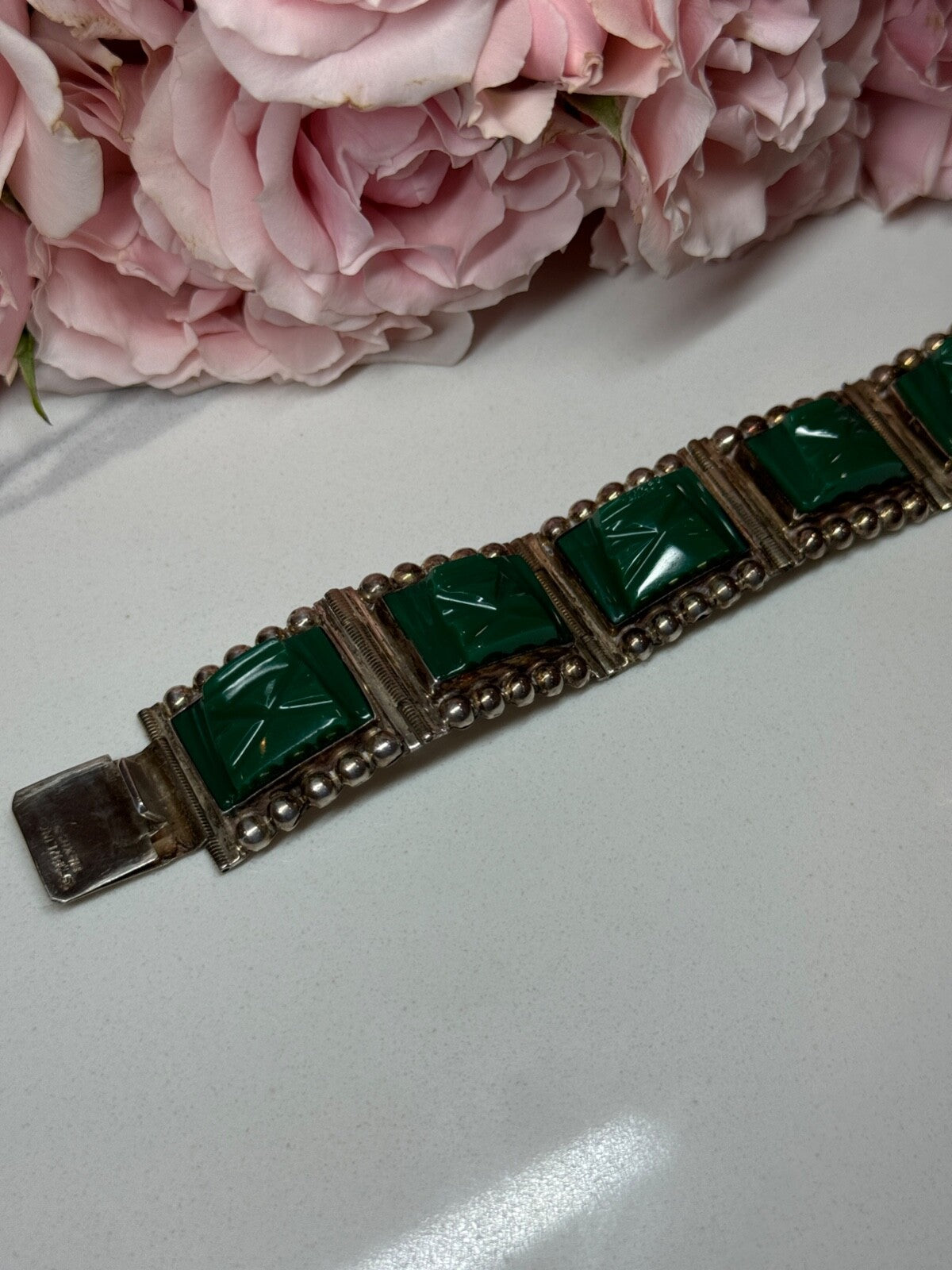 Vintage 925 Sterling Silver Green Jade Bracelet Length 7 in