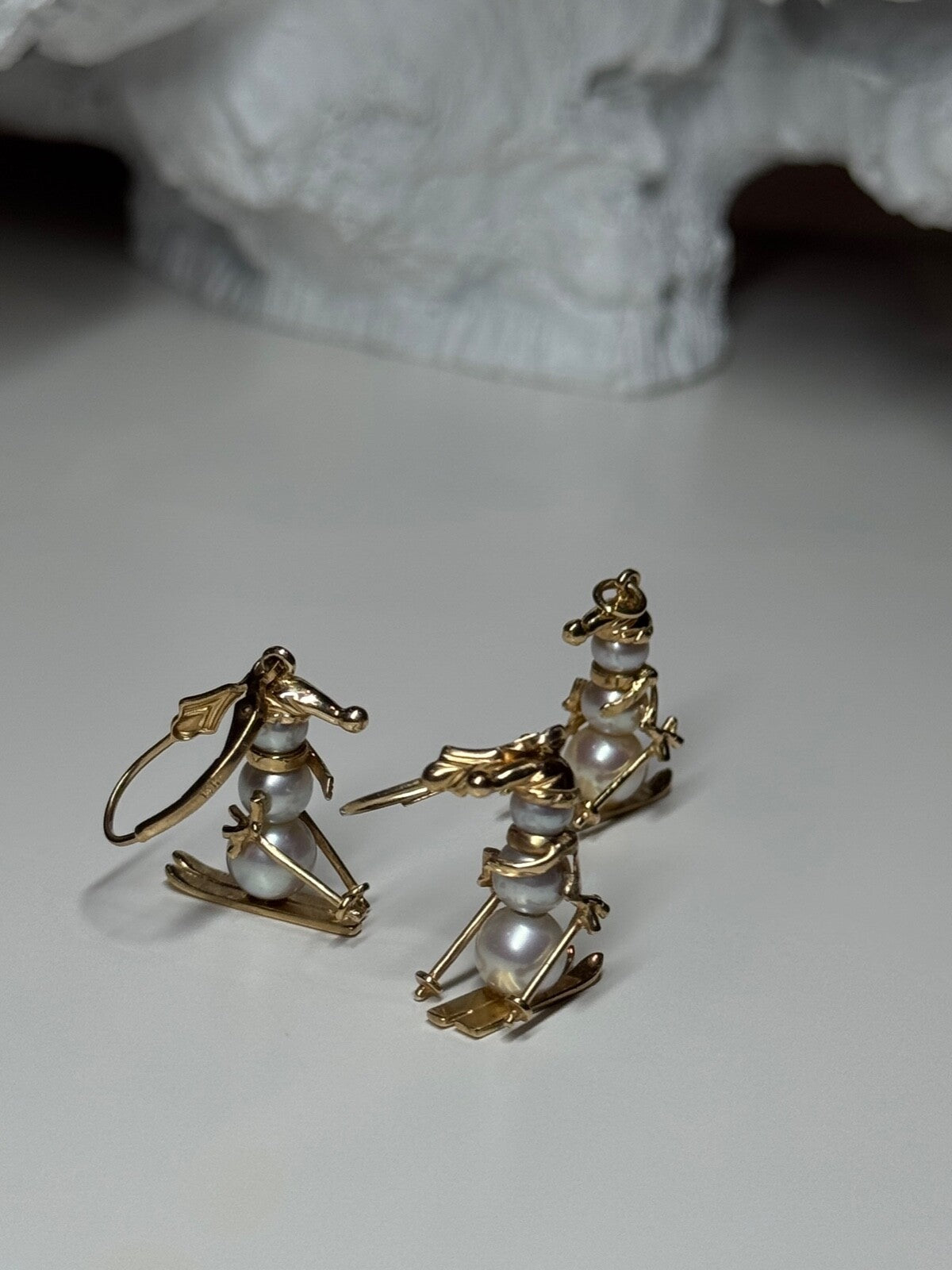 14K Yellow Gold Pearls Earrings & Pendant Skiing Snowmens ON Skis