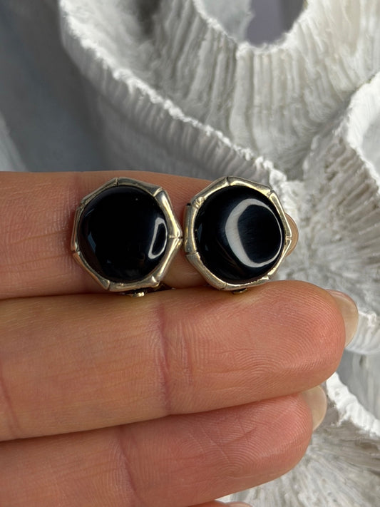 Vintage 925 Sterling Silver Black Onyx Clip-On Earrings