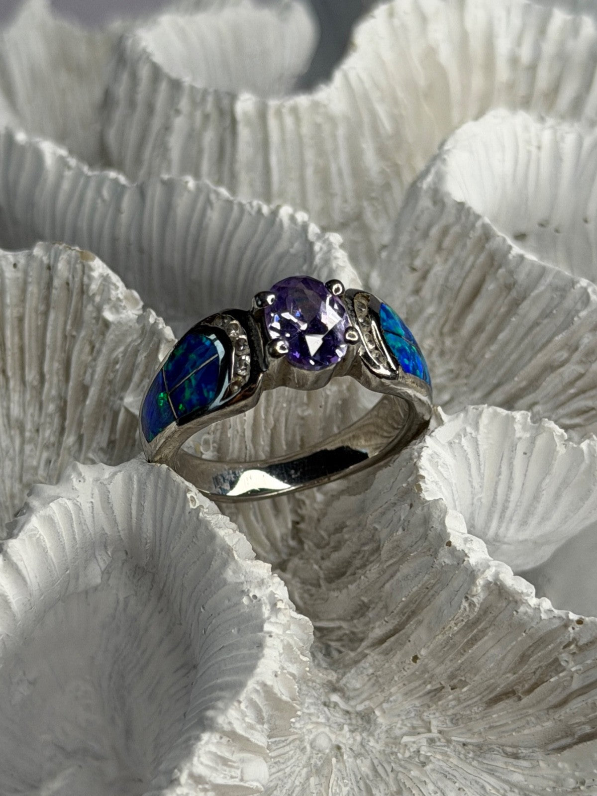 AK 925 Sterling Silver Amethyst & Opal & Beryl Ring Size 8