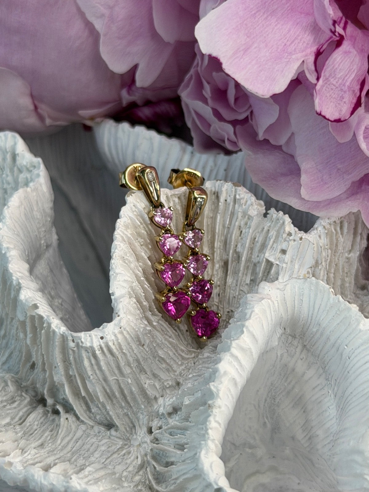 10K Yellow Gold Pink Sapphire & Diamond "Hearts" Earrings