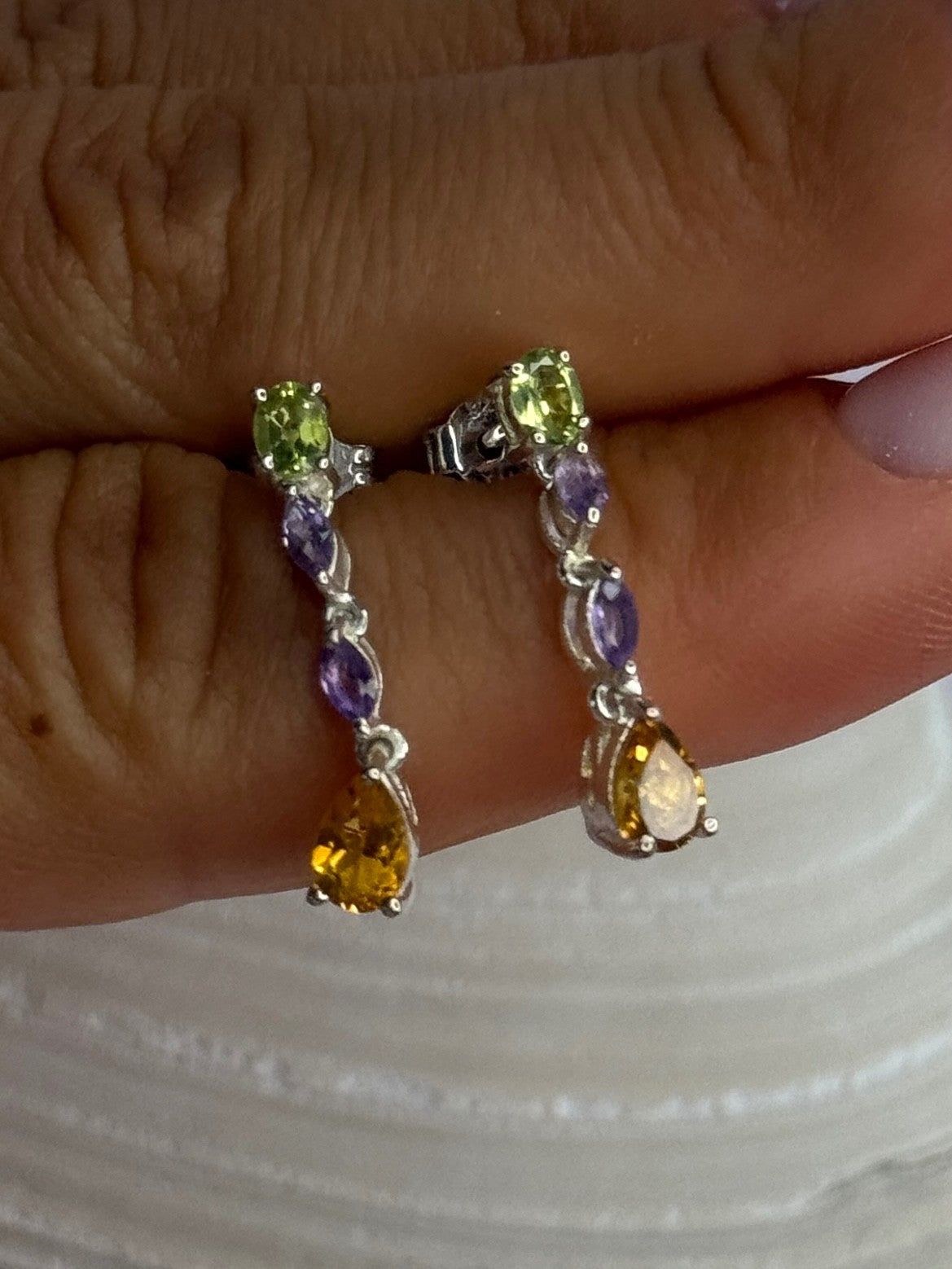 925 Sterling Silver Peridot & Amethyst & Citrine Earrings Length 0.90 Inch