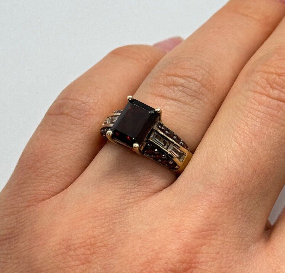 925 Sterling Silver Gold Plated Garnet & Goshenite Ring Size 6