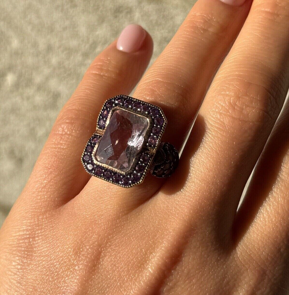 925 Sterling Silver Gold Plated Morganite & Amethyst Ring Size 6