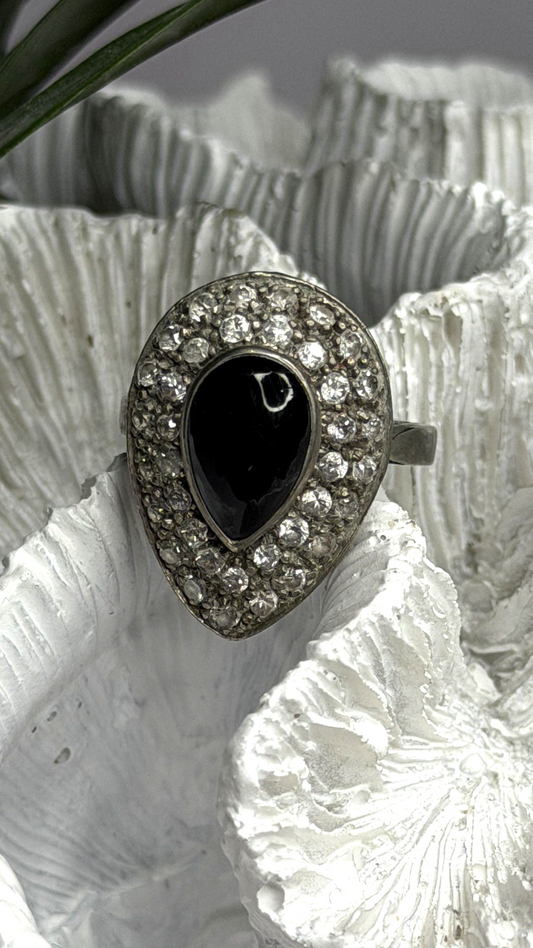 Vintage 925 Sterling Silver Black Onyx & Clear Topaz Stones Ring Size 7.5