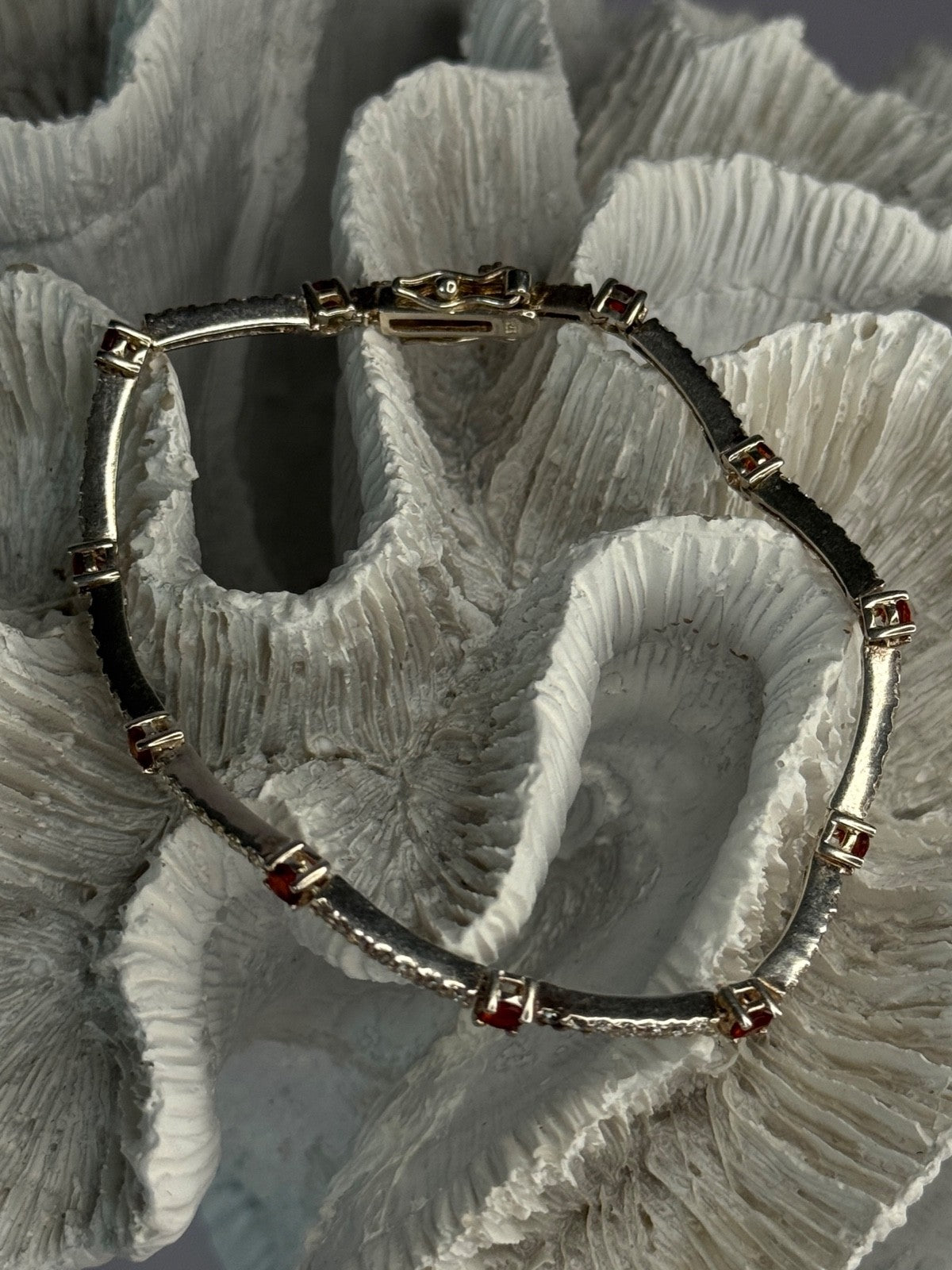 925 Sterling Silver Red Spinel & Beryl Bracelet Length 7.5