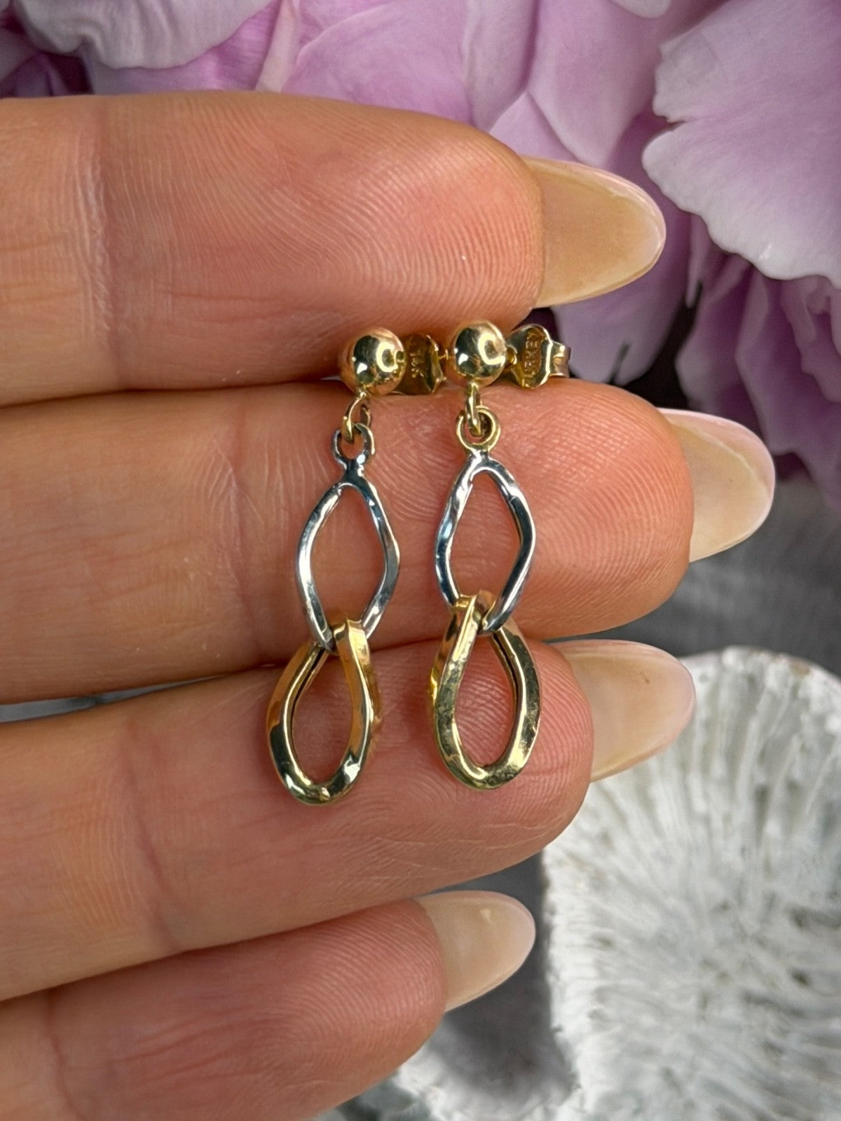Aesthetic 14K Yellow & White Gold Earrings Length 1 Inch