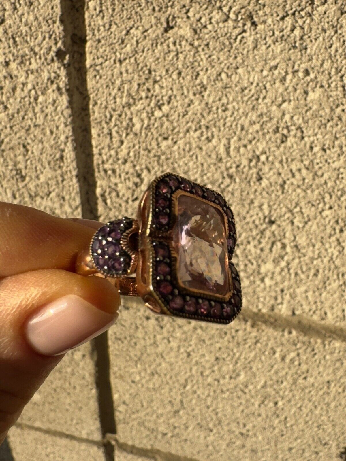 925 Sterling Silver Gold Plated Morganite & Amethyst Ring Size 6