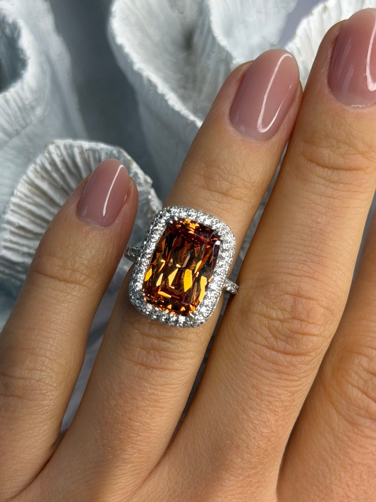 925 Sterling Silver Orange Crystal & Cz Ring Size 5