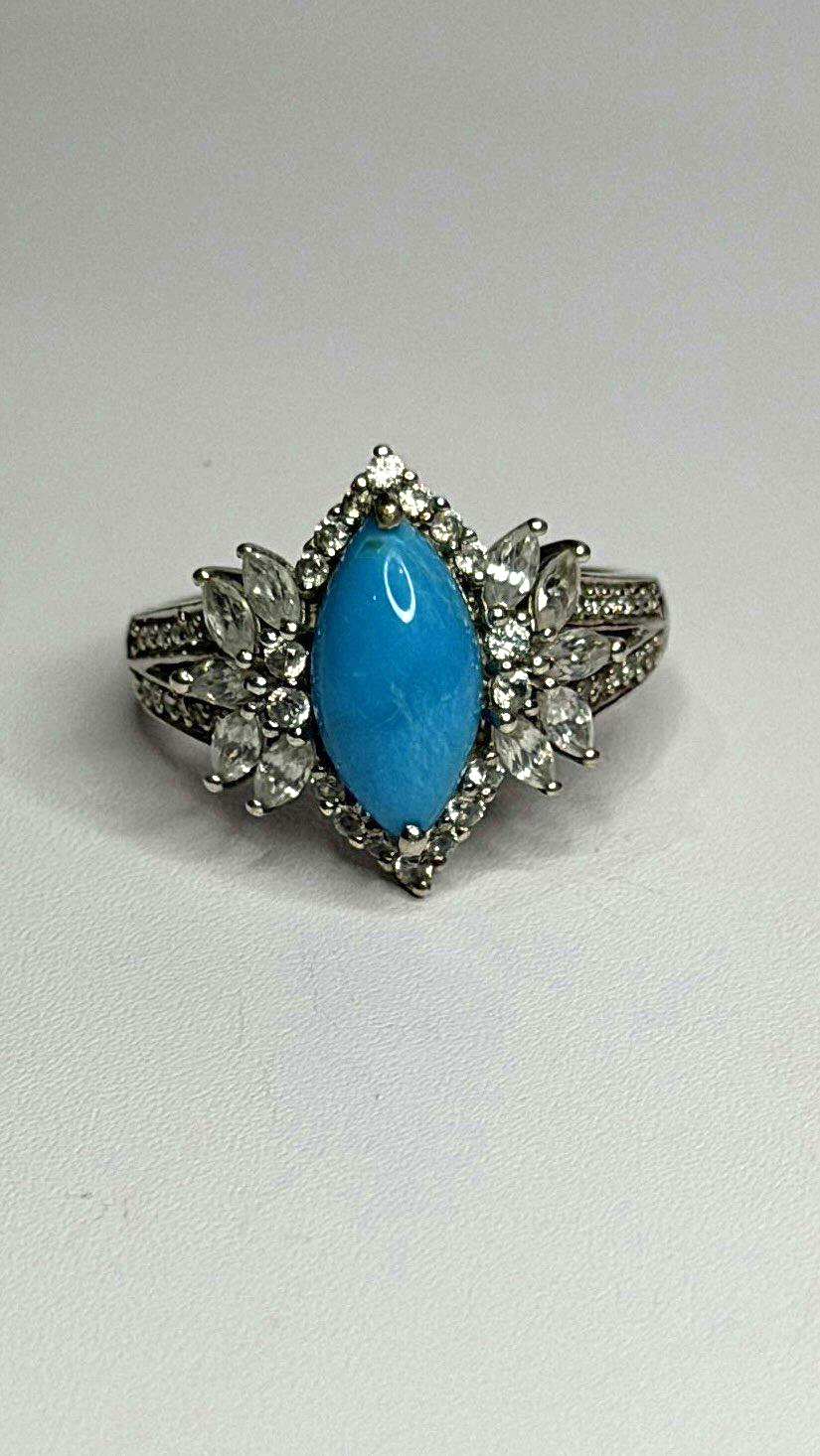 925 Sterling Silver Blue Turquoise & Beryl Stones Ring Size 9