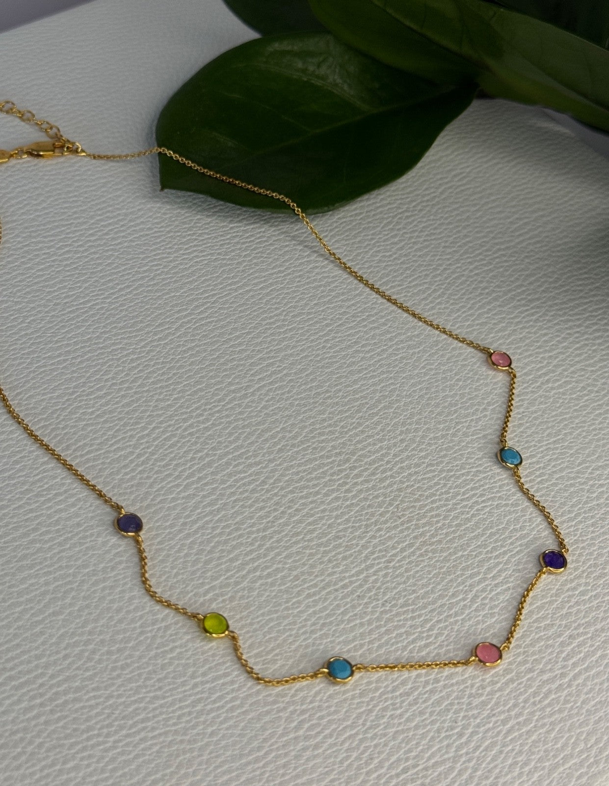 925 Sterling Silver Gold Plated Gemstones Necklace Length 15/16.5 Inch