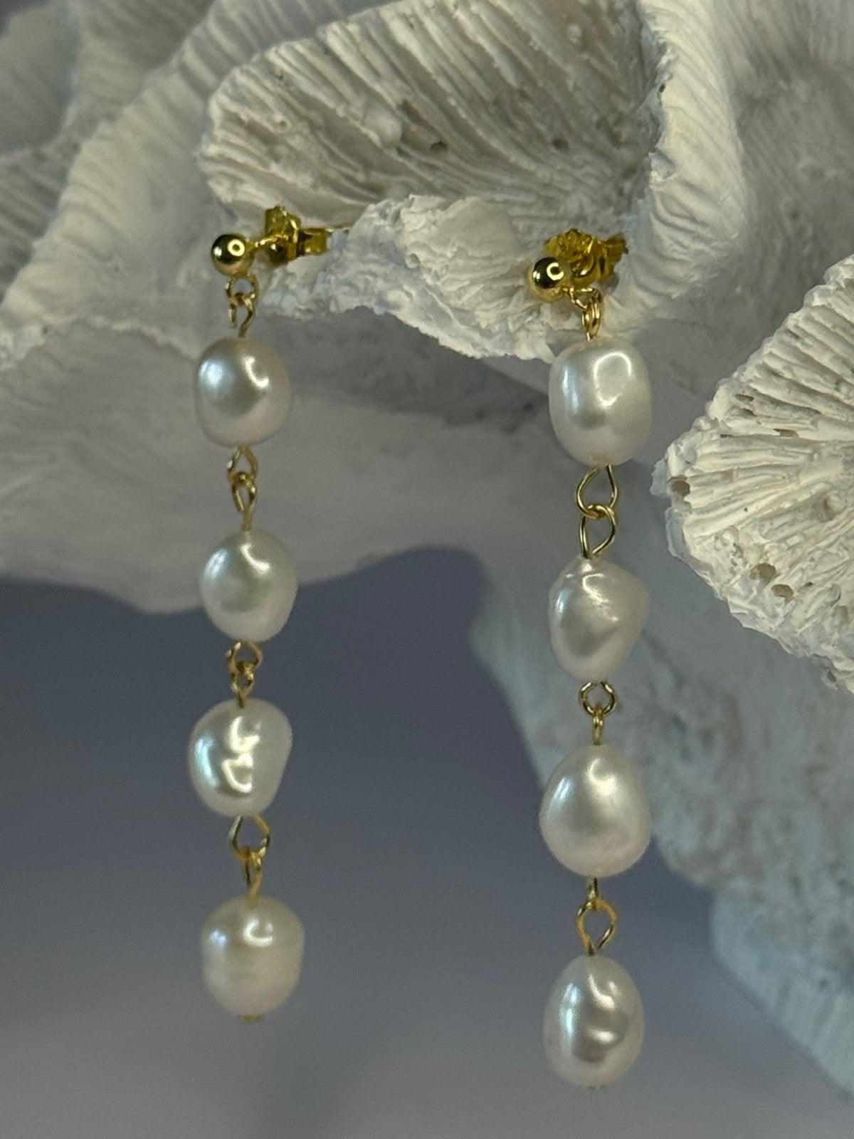 925 Sterling Silver Gold Plated Pearl Earrings Length 2.30 Inch