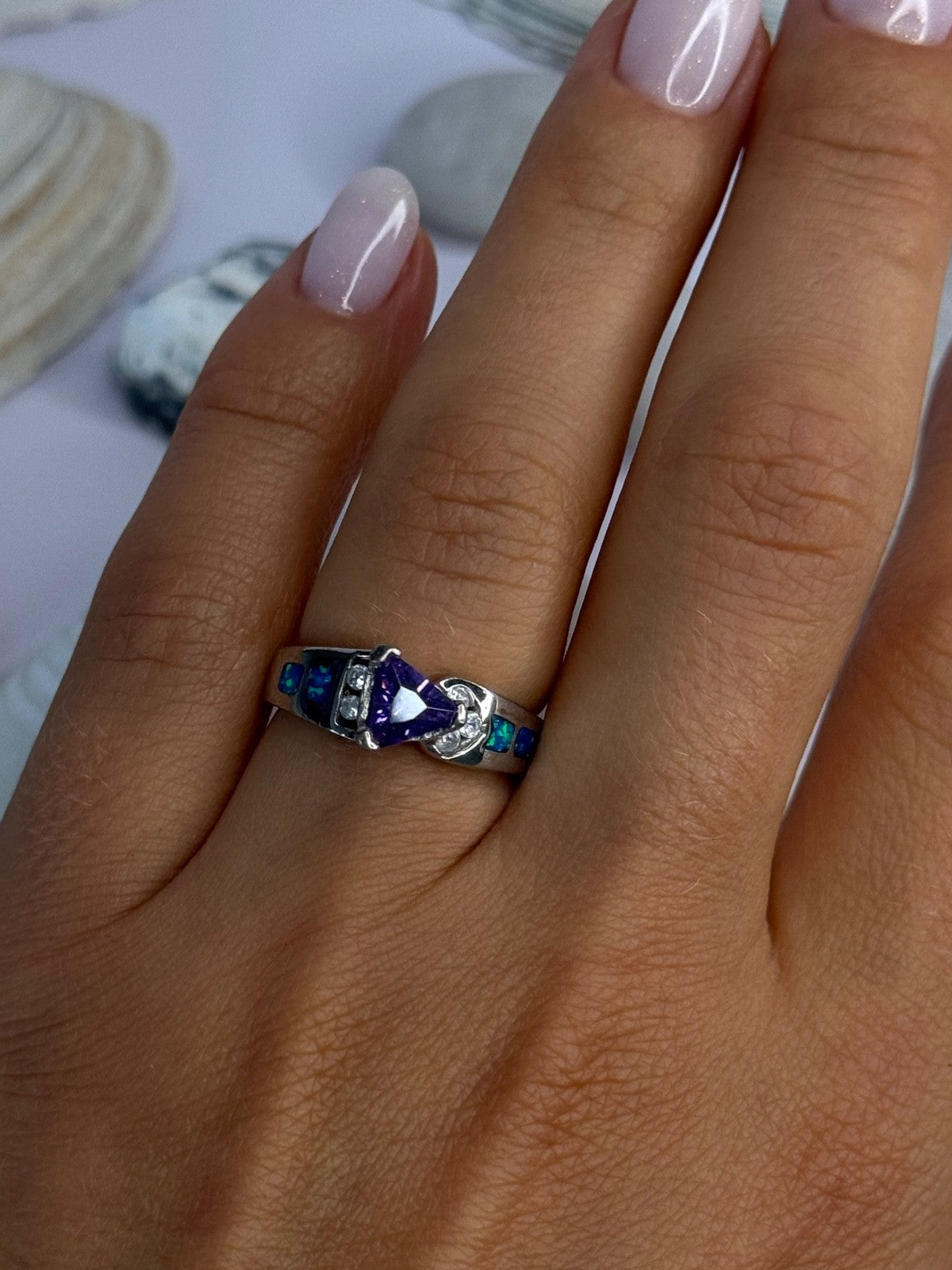 925 Sterling Silver Amethyst & Beryl & Opal Ring Size 6.5