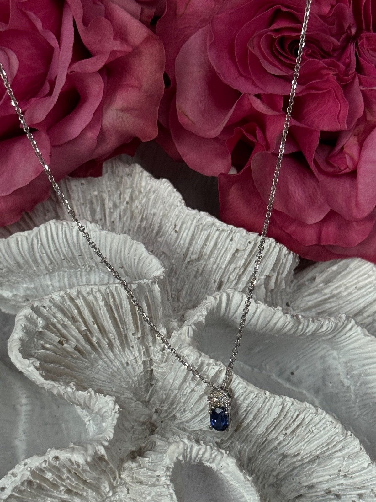 14K White Gold Chain & 10K White Gold Pendant Sapphire & Diamond