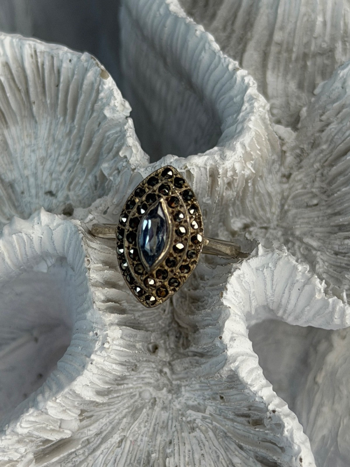 925 Sterling Silver Topaz & Marcasites Ring Size 5.5