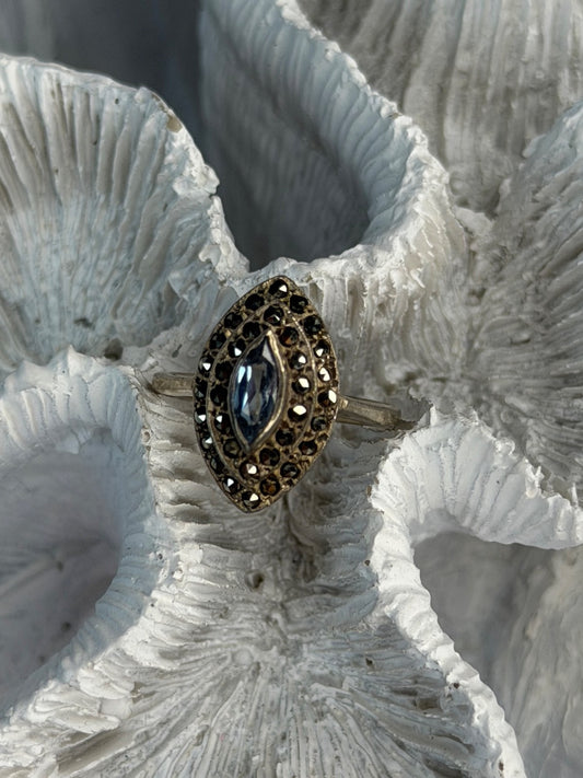925 Sterling Silver Topaz & Marcasites Ring Size 5.5